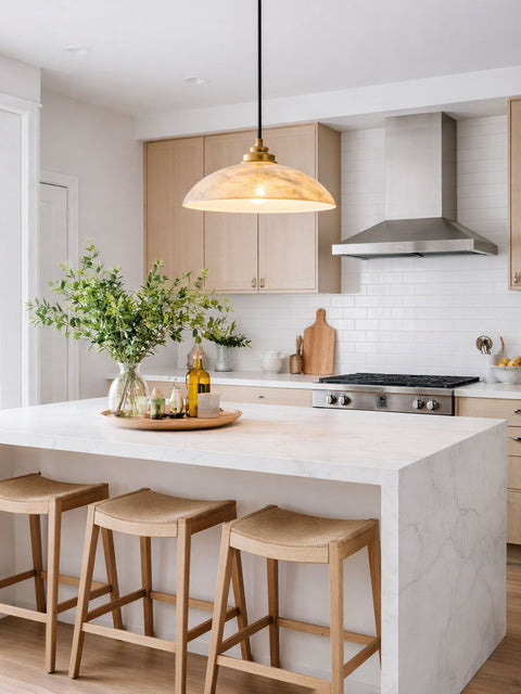 Alabaster Dome Pendant Lamp with Warm Brass Hardware