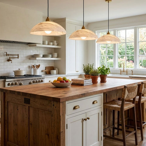 Alabaster Dome Pendant Lamp with Warm Brass Hardware