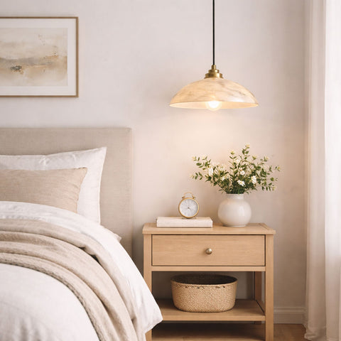 Alabaster Dome Pendant Lamp with Warm Brass Hardware