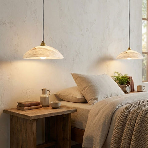 Alabaster Dome Pendant Lamp with Warm Brass Hardware