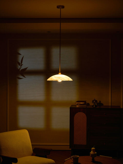 Alabaster Dome Pendant Lamp with Warm Brass Hardware
