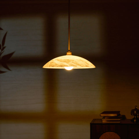Alabaster Dome Pendant Lamp with Warm Brass Hardware