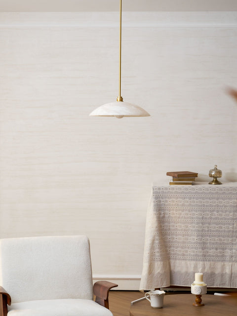 Alabaster Dome Pendant Lamp with Warm Brass Hardware