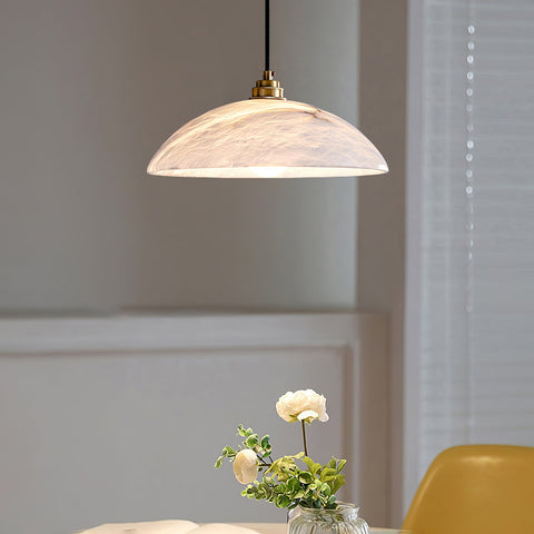 Alabaster Dome Pendant Lamp with Warm Brass Hardware