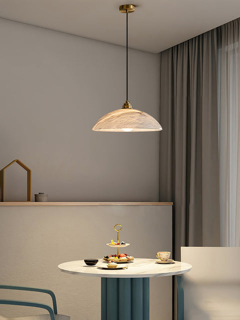 Alabaster Dome Pendant Lamp with Warm Brass Hardware