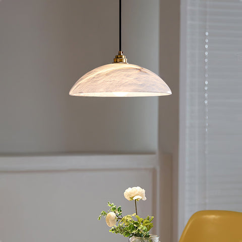 Alabaster Dome Pendant Lamp with Warm Brass Hardware