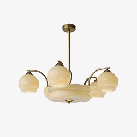 Chandelier with Curved Metal Arms and Ribbed Glass Globe Shades