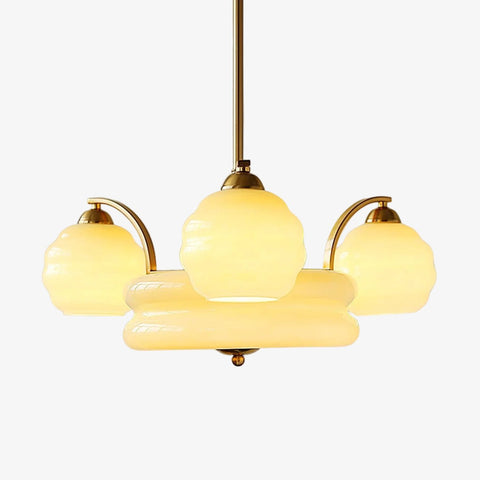 Chandelier with Curved Metal Arms and Ribbed Glass Globe Shades