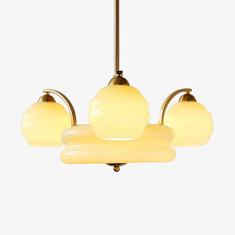 Chandelier with Curved Metal Arms and Ribbed Glass Globe Shades