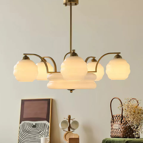 Chandelier with Curved Metal Arms and Ribbed Glass Globe Shades