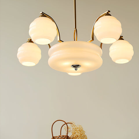 Chandelier with Curved Metal Arms and Ribbed Glass Globe Shades