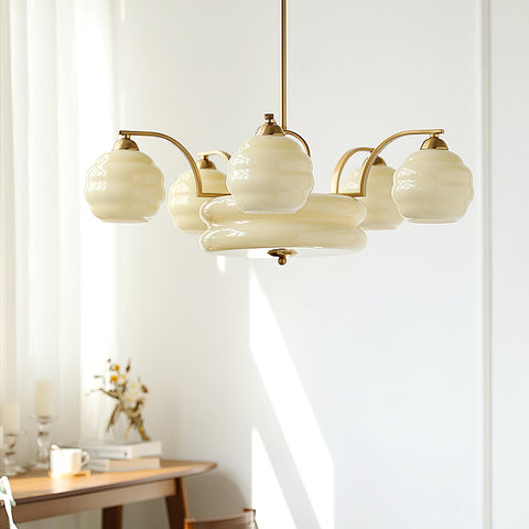 Chandelier with Curved Metal Arms and Ribbed Glass Globe Shades