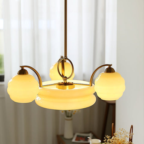 Chandelier with Curved Metal Arms and Ribbed Glass Globe Shades