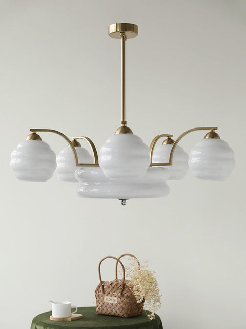 Chandelier with Curved Metal Arms and Ribbed Glass Globe Shades
