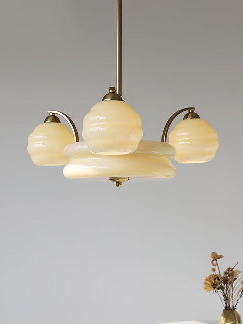 Chandelier with Curved Metal Arms and Ribbed Glass Globe Shades