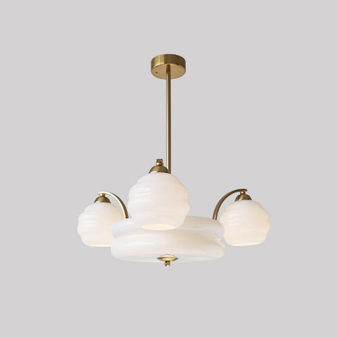 Chandelier with Curved Metal Arms and Ribbed Glass Globe Shades