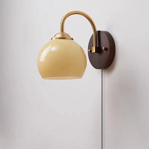 Mid-Century Wood and Glass Wall Sconce with Pull Chain