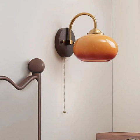Mid-Century Wood and Glass Wall Sconce with Pull Chain