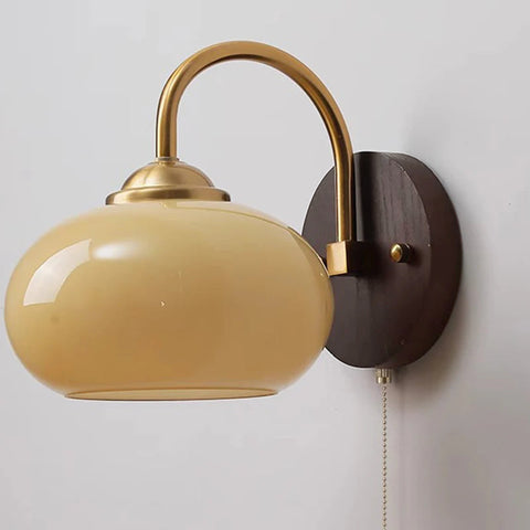 Mid-Century Wood and Glass Wall Sconce with Pull Chain