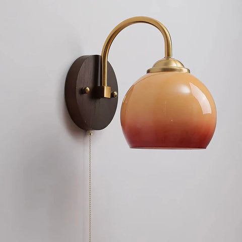 Mid-Century Wood and Glass Wall Sconce with Pull Chain