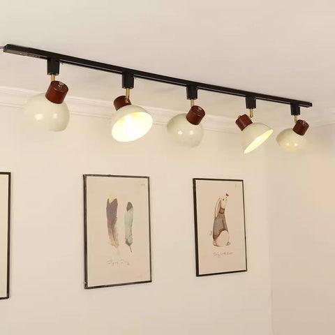 Adjustable Wood and Iron Track Lighting with Bowl Shades