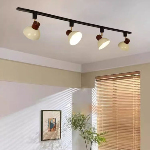 Adjustable Wood and Iron Track Lighting with Bowl Shades