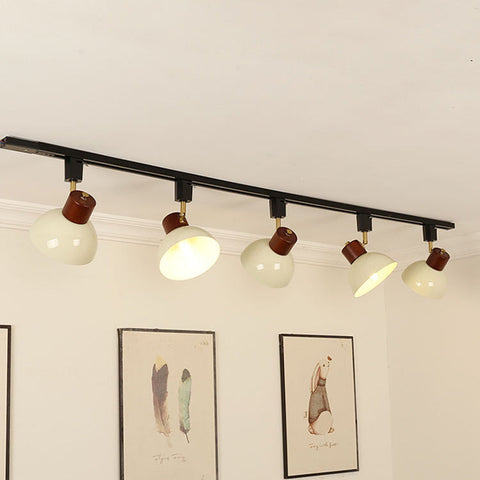 Adjustable Wood and Iron Track Lighting with Bowl Shades