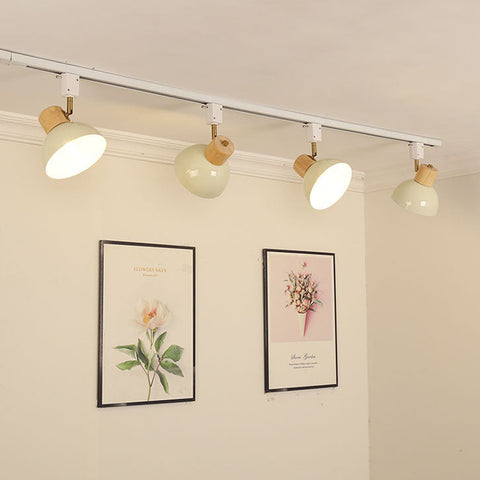Adjustable Wood and Iron Track Lighting with Bowl Shades
