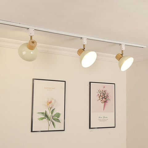 Adjustable Wood and Iron Track Lighting with Bowl Shades