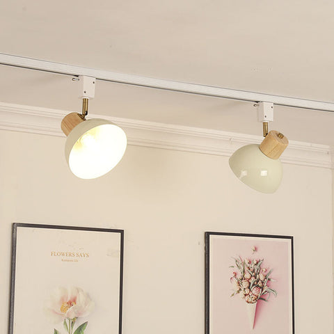 Adjustable Wood and Iron Track Lighting with Bowl Shades