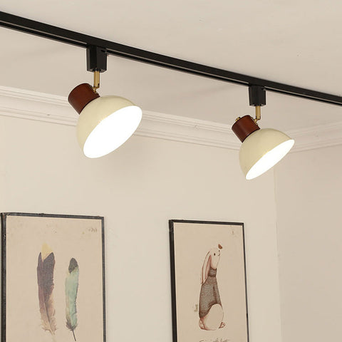 Adjustable Wood and Iron Track Lighting with Bowl Shades