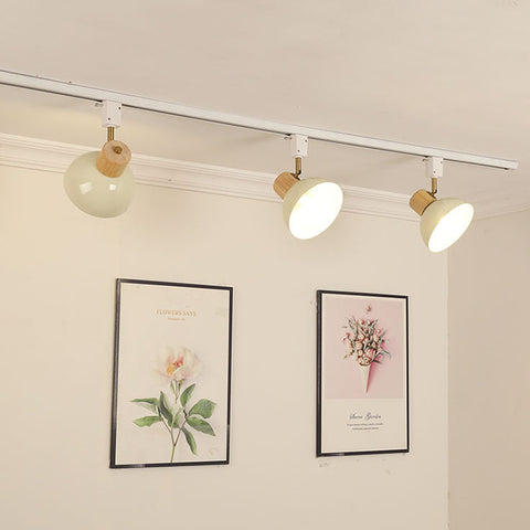 Adjustable Wood and Iron Track Lighting with Bowl Shades
