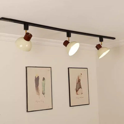 Adjustable Wood and Iron Track Lighting with Bowl Shades