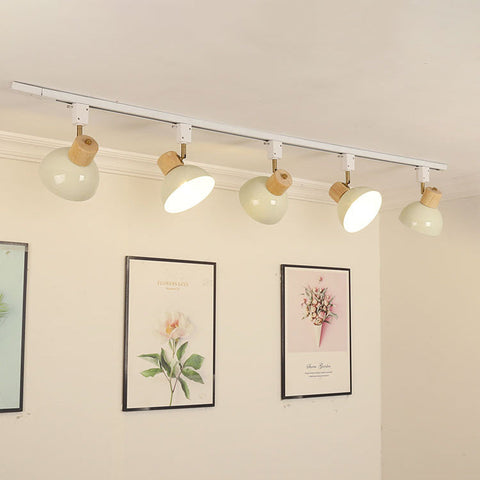 Adjustable Wood and Iron Track Lighting with Bowl Shades
