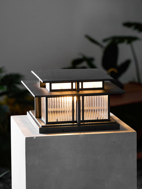 Post Light with Tiered Square Roof and Textured Panel Options
