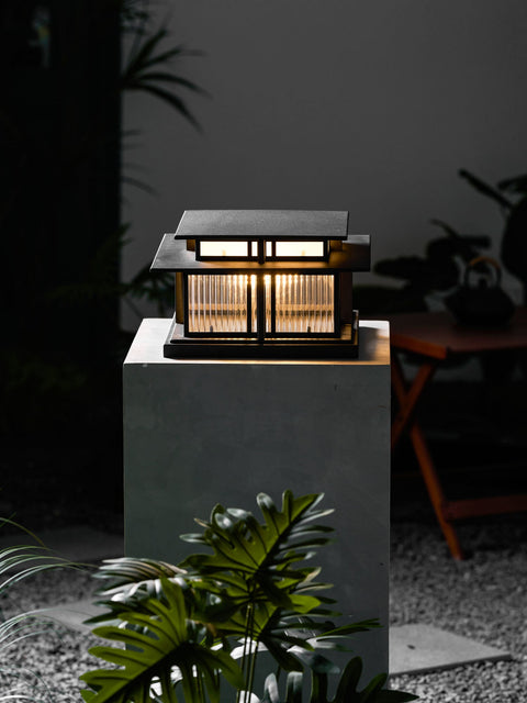 Post Light with Tiered Square Roof and Textured Panel Options