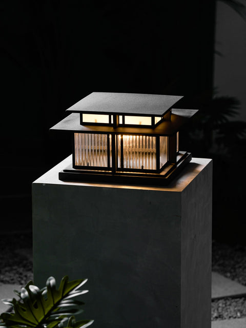 Post Light with Tiered Square Roof and Textured Panel Options