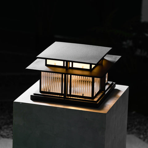 Post Light with Tiered Square Roof and Textured Panel Options