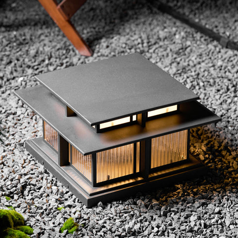 Post Light with Tiered Square Roof and Textured Panel Options