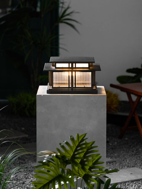 Post Light with Tiered Square Roof and Textured Panel Options