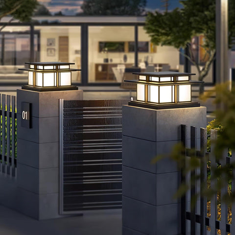 Post Light with Tiered Square Roof and Textured Panel Options