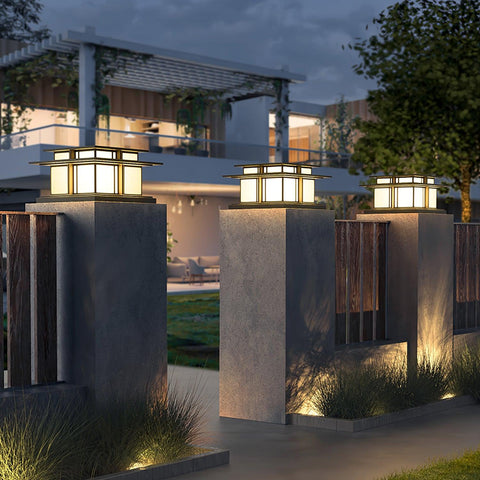 Post Light with Tiered Square Roof and Textured Panel Options