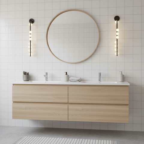 Wall Sconce with Glass Globes and Vertical Brass Tube Frame
