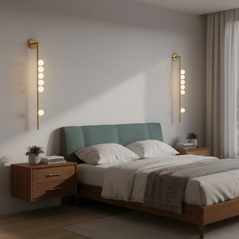 Wall Sconce with Glass Globes and Vertical Brass Tube Frame