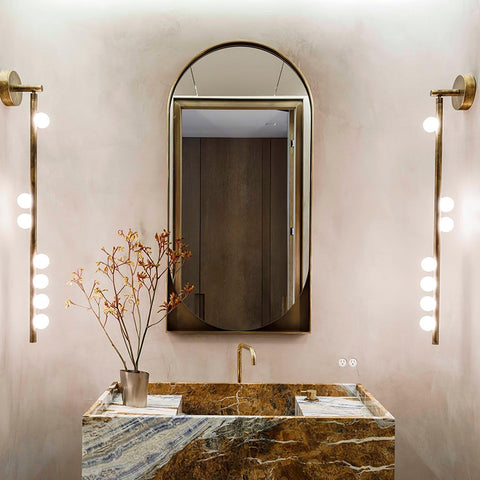 Wall Sconce with Glass Globes and Vertical Brass Tube Frame