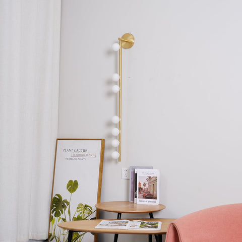 Wall Sconce with Glass Globes and Vertical Brass Tube Frame