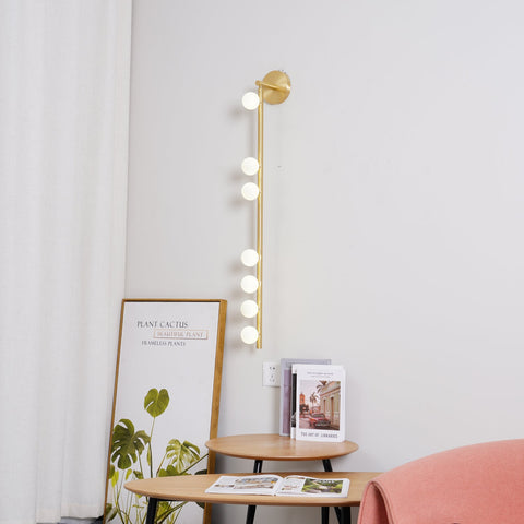 Wall Sconce with Glass Globes and Vertical Brass Tube Frame