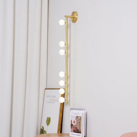 Wall Sconce with Glass Globes and Vertical Brass Tube Frame