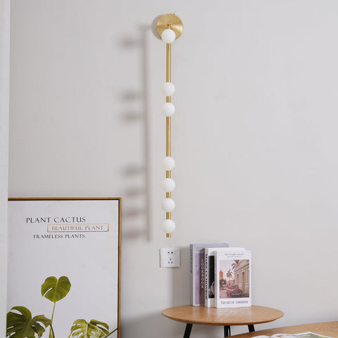 Wall Sconce with Glass Globes and Vertical Brass Tube Frame