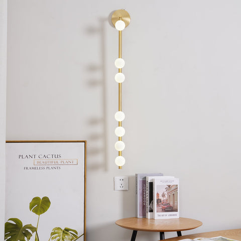 Wall Sconce with Glass Globes and Vertical Brass Tube Frame